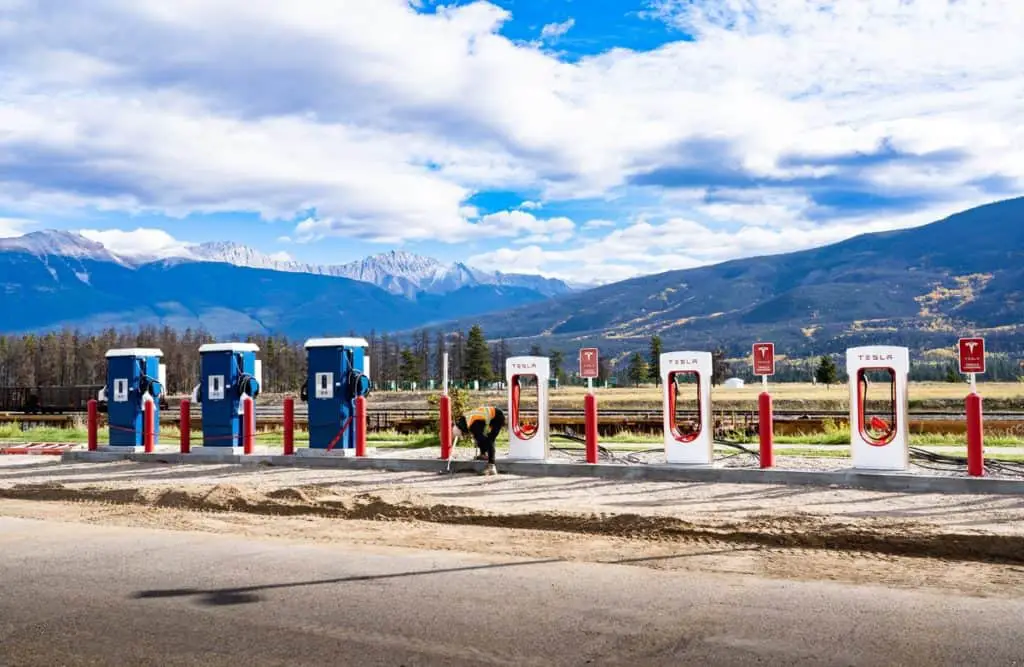 EV charging stations near the town of Jasper in Jasper National Park, Alberta, Canada