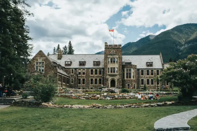 The Banff Administration Building in the Cascade of Time Garden.