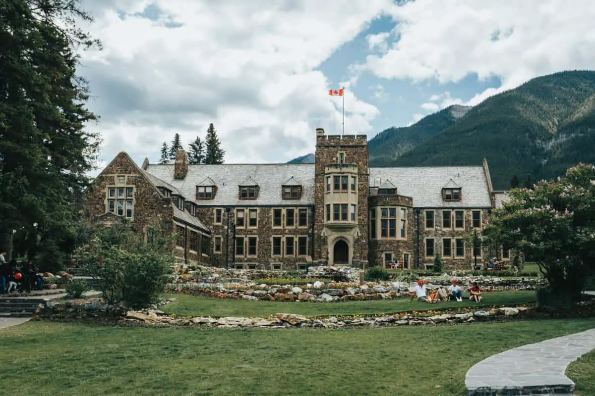 The Banff Administration Building in the Cascade of Time Garden.