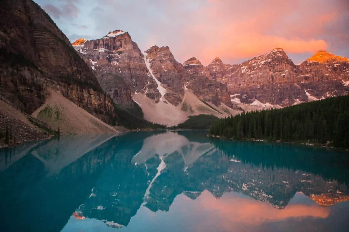 Moraine Lake during sunset in Banff National Park.