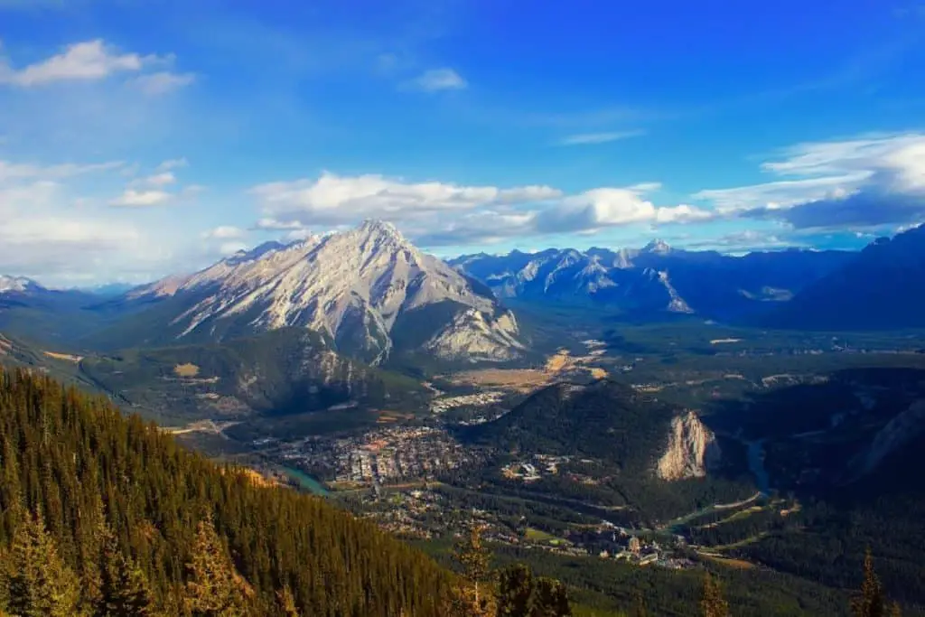 The town of Banff at sunset, seen from Sulphur Mountain. 