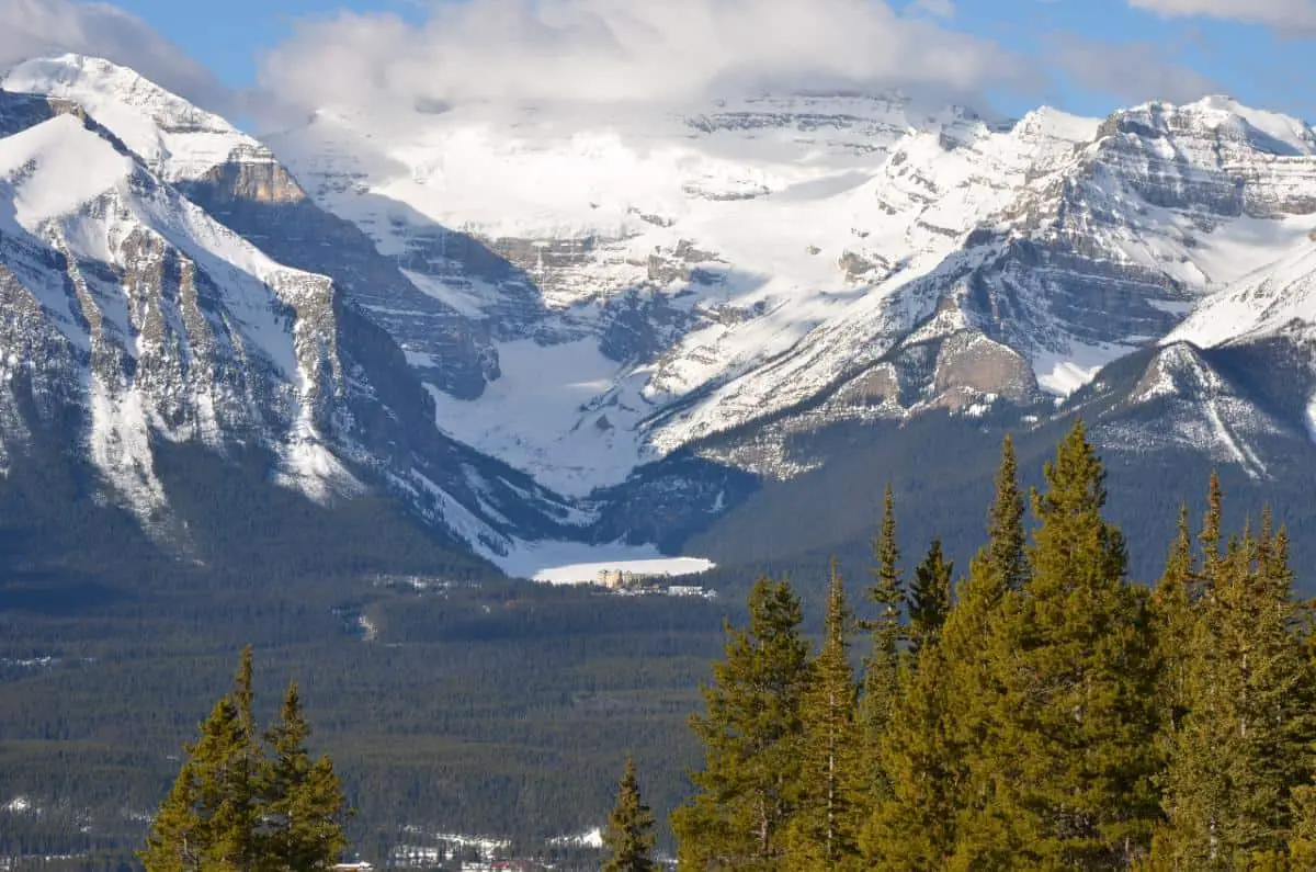View on Lake Louise in the shoulder season when the snow is still omnipresent.