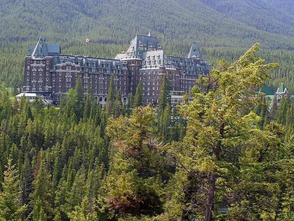 The Banff Springs Hotel among the trees on Sulphur Mountain