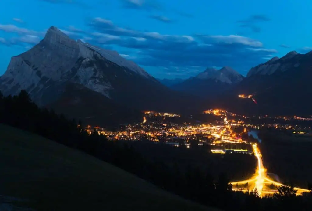 The town of Banff at night, seen from the Norquay Lookout.