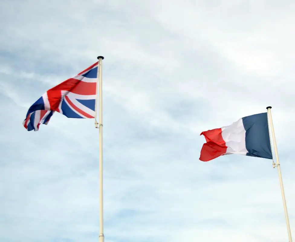 The British and French flag side by side. English and French are the official languages in Canada.
