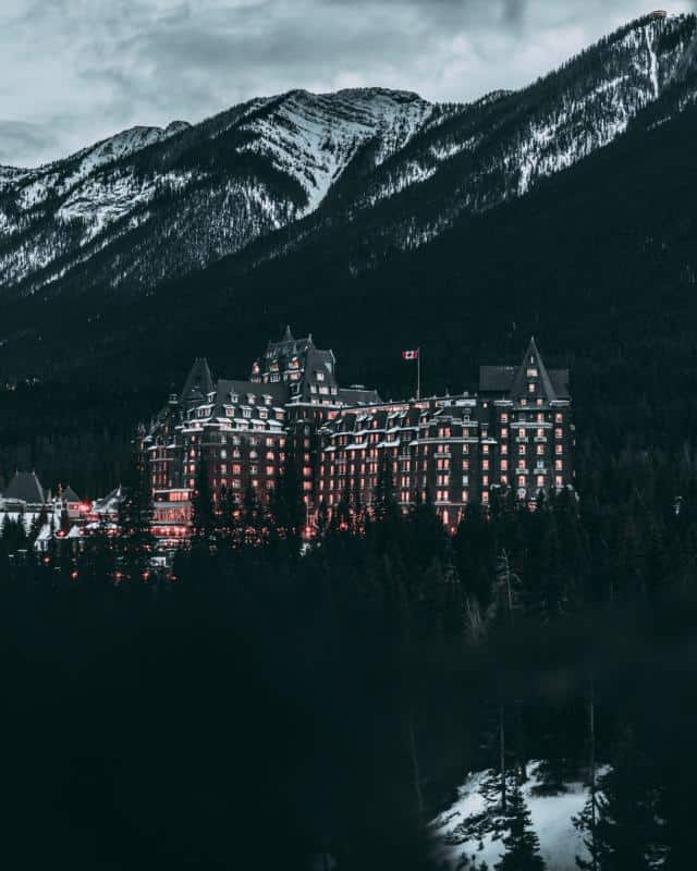 The Banff Springs Hotel during sunset in October.