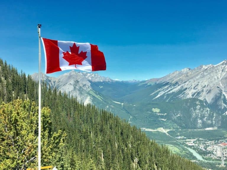 The Canadian Flag flies on Sulphur Mountain in Banff National Park.