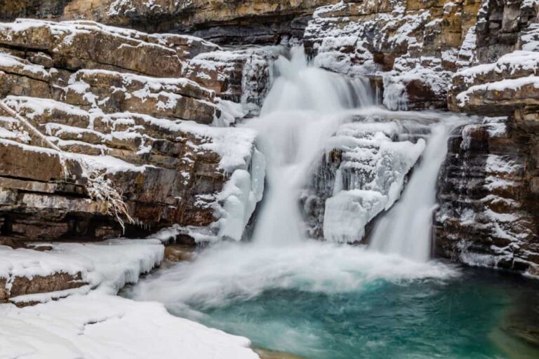 A frozen waterfall in Johnston Canyon in Banff