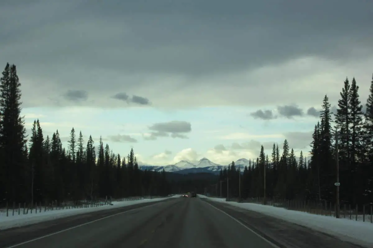 The Trans-Canada Highway near the town of Banff in winter.