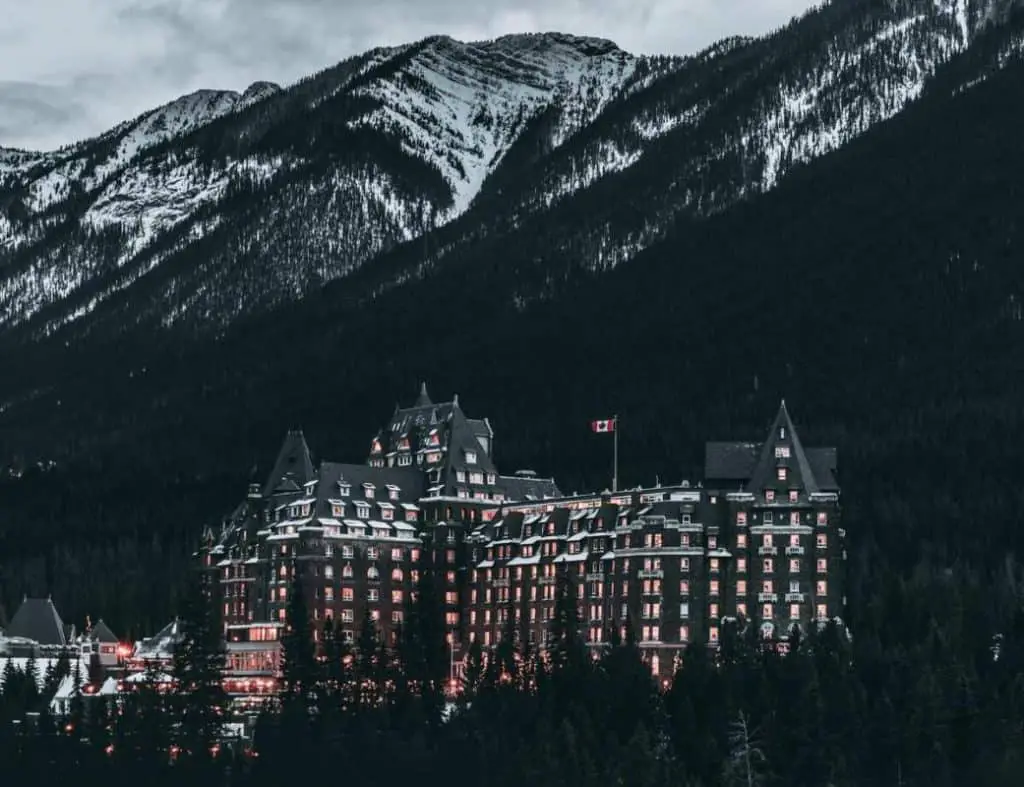 The Banff Springs hotel in winter, seen from Surprise Corner