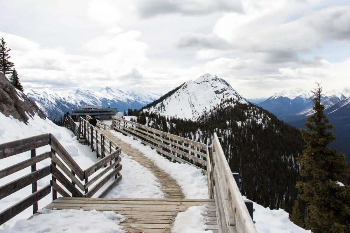 The boardwalk on the summit of Sulphur Mountain in Banff covered in snow