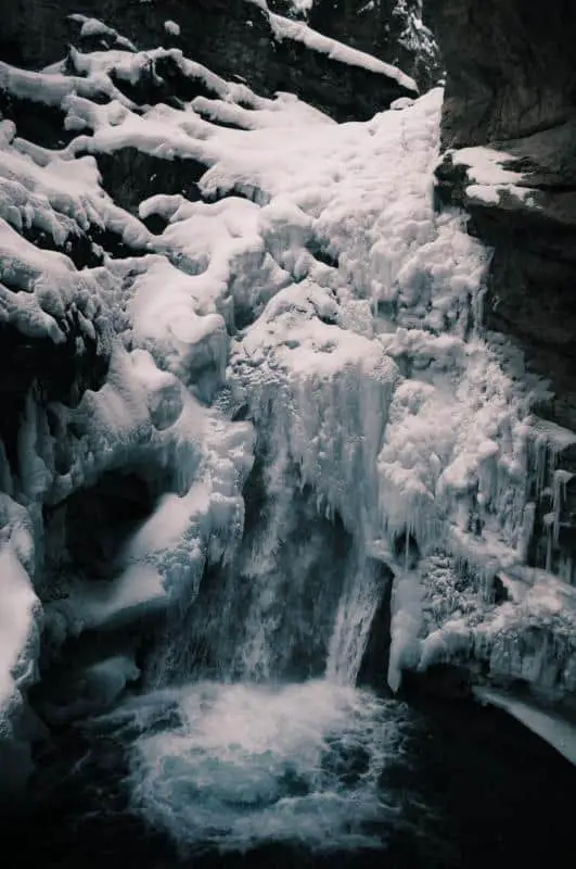 The frozen upper falls in Johnston Canyon in Banff