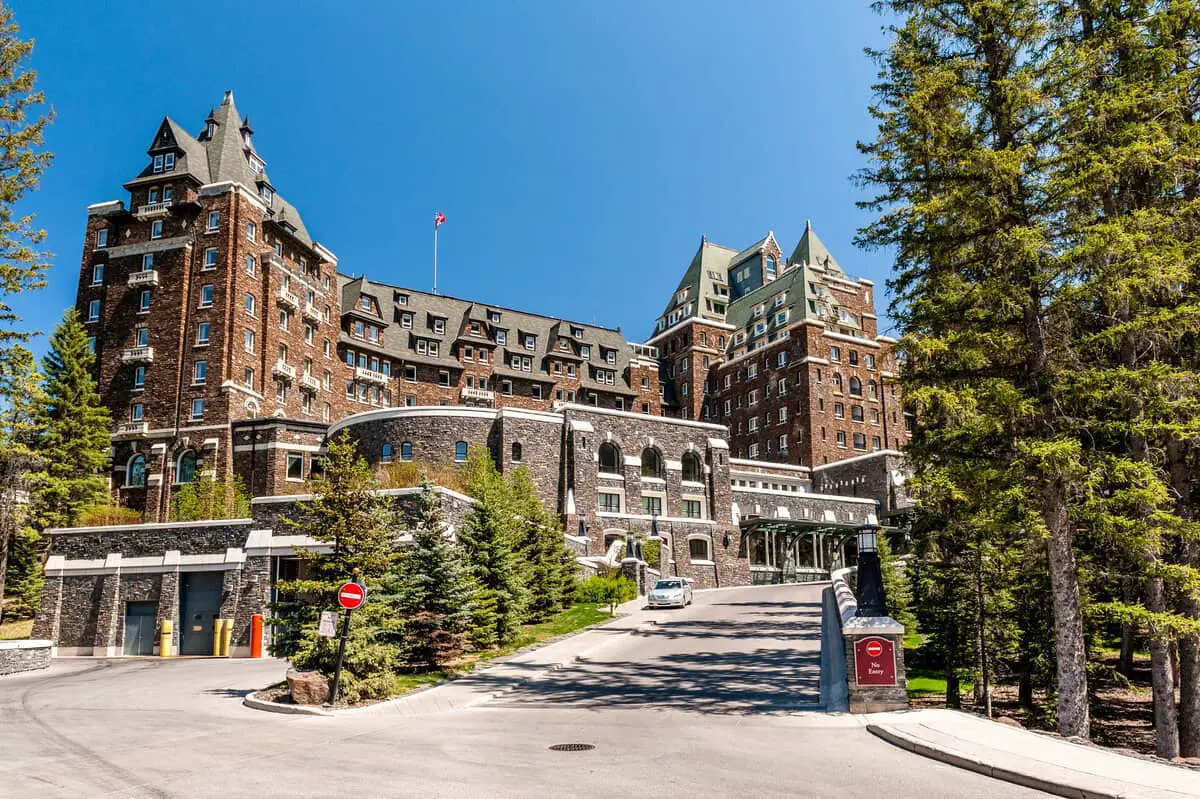 The main entrance of the Fairmont Banff Springs Hotel in Banff