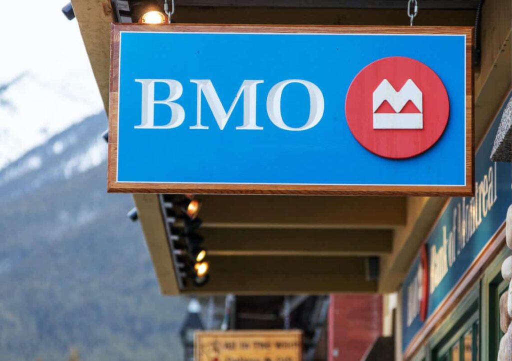 BMO Bank of Montreal Branch with its sign on Banff Avenue