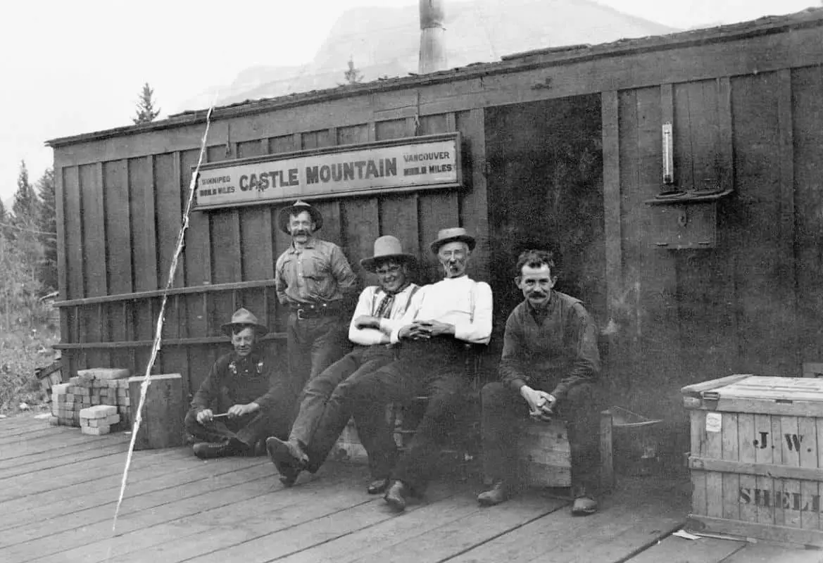 A group of men at the Castle Mountain railway station