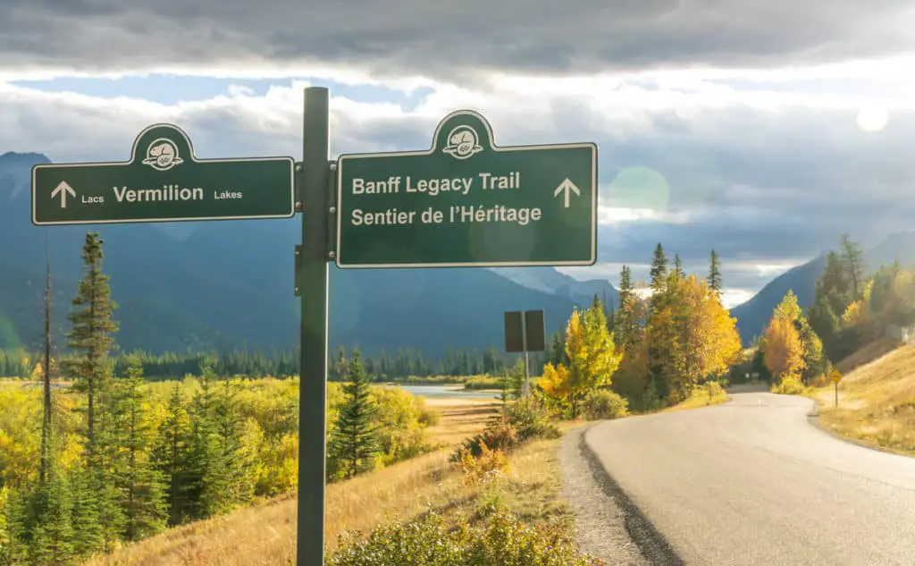 Sign in Banff National Park indicating cycling trails like the Legacy Trail