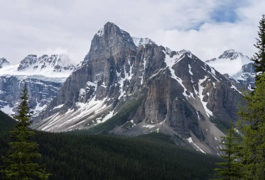 The overcast peak of Mount Babel in Banff National Park