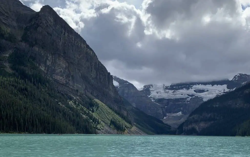 Mount Victoria and the Victoria Glacier looming above Lake Louise in Banff 