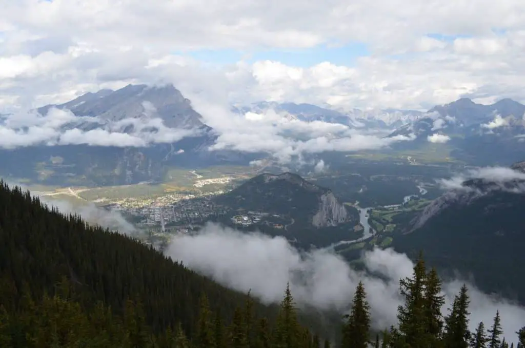 Tunnel mountain in a cloudy Bow Valley, seen from Sulphur Mountain