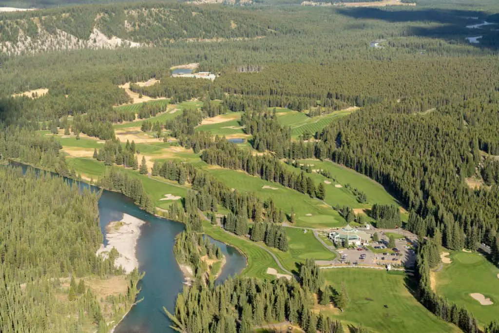 Aerial view of the Banff Springs Golf Course on a sunny day in summer