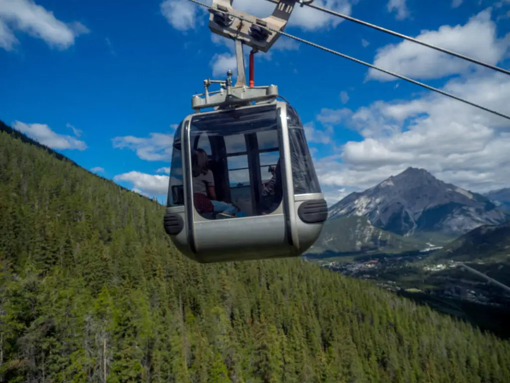 A Banff Gondola car on its way to the top with Cascade Mountain in the background