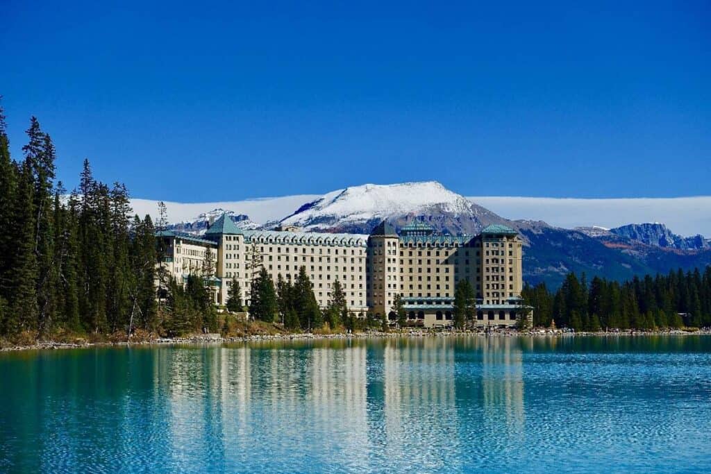 The Chateau Lake Louise at the lakeshore of Lake Louise in Banff National Park