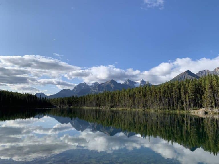 View over Herbert Lake near Lake Louise on the Icefields Parkway in Banff National Park