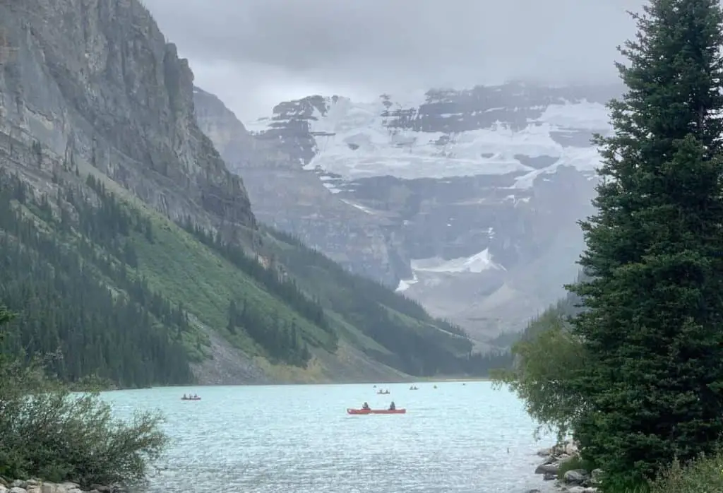 Majestic Lake Louise on a cloudy day in Banff National Park