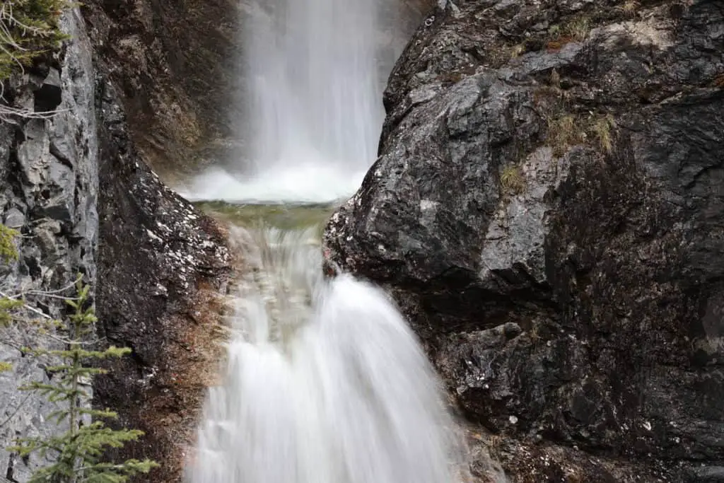 The stream of water from the Silverton Falls in Banff National Park provides a spectacular sight
