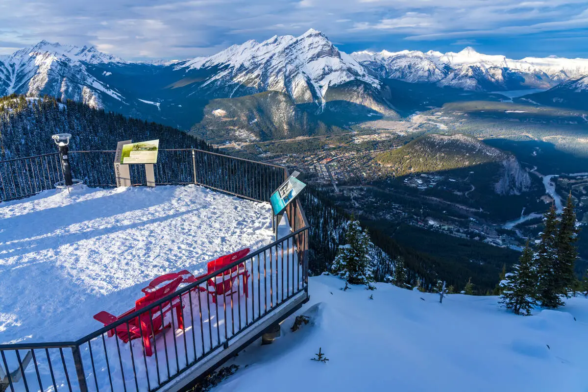 Viewpoint at the summit of Sulphur Mountain providing a view on Banff Town, Tunnel Mountain and Cascade Mountain