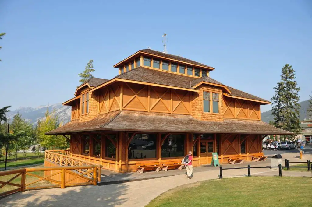 The wooden exterior of the Banff Park Museum in the town of Banff on a sunny summer day
