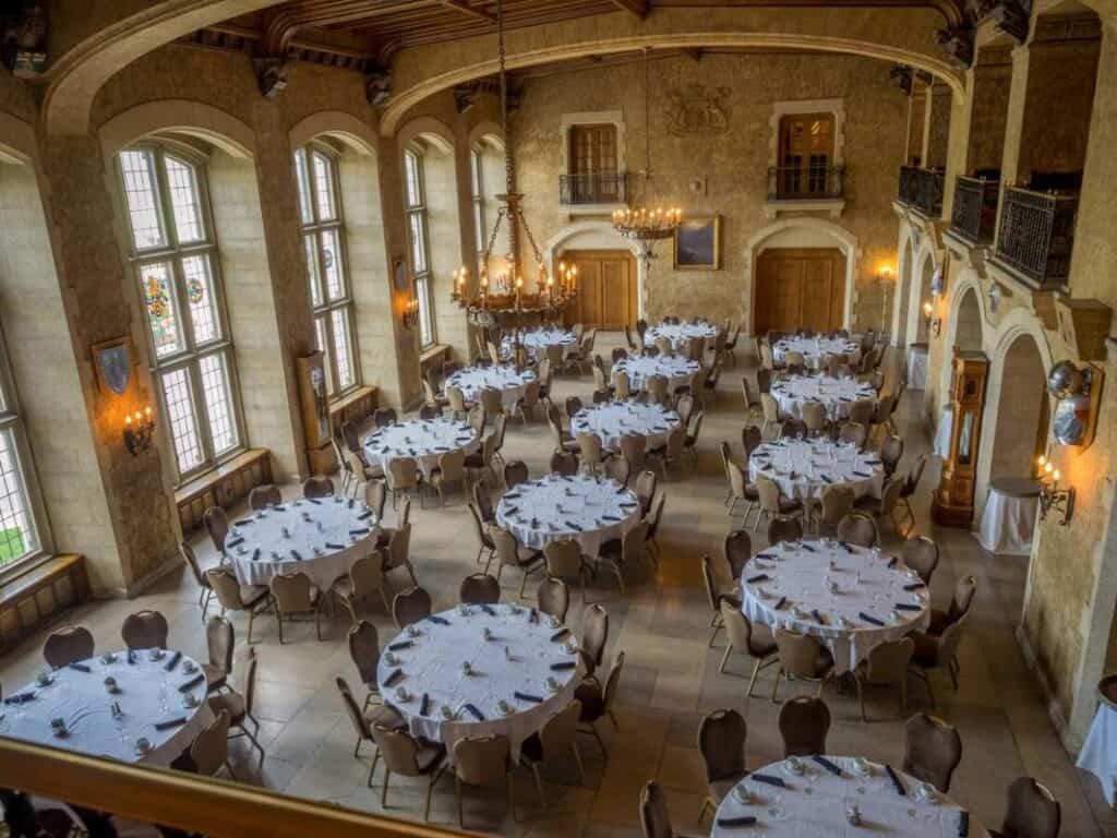 Set dining tables in the Fairmont Banff Springs Hotel in Banff