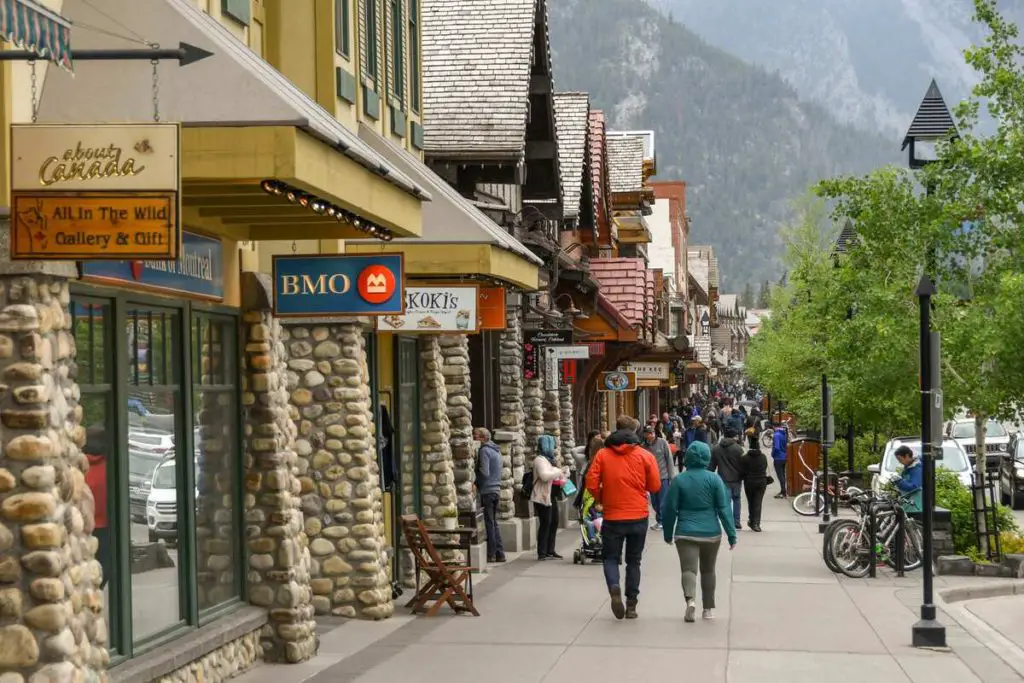 Bustling Banff Avenue in the town of Banff