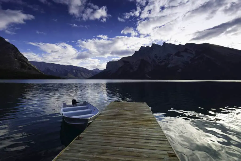 A boat at a dock at Lake Minnewanka, close to the town of Banff