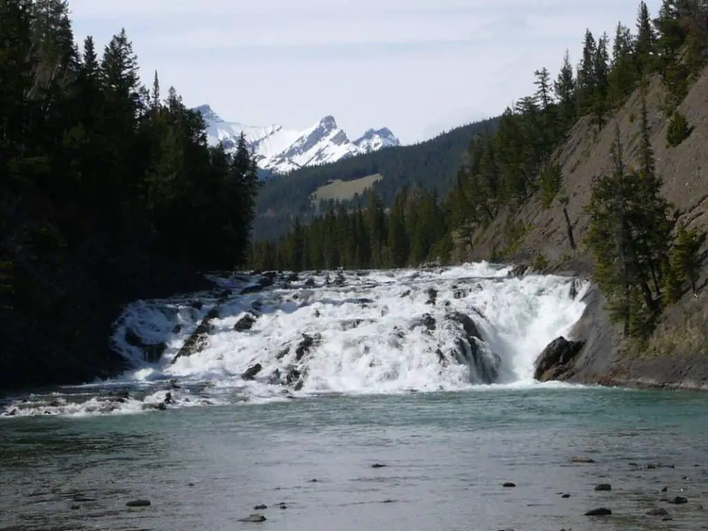 The Bow Falls near the town of Banff with the Rockies looming above in the background