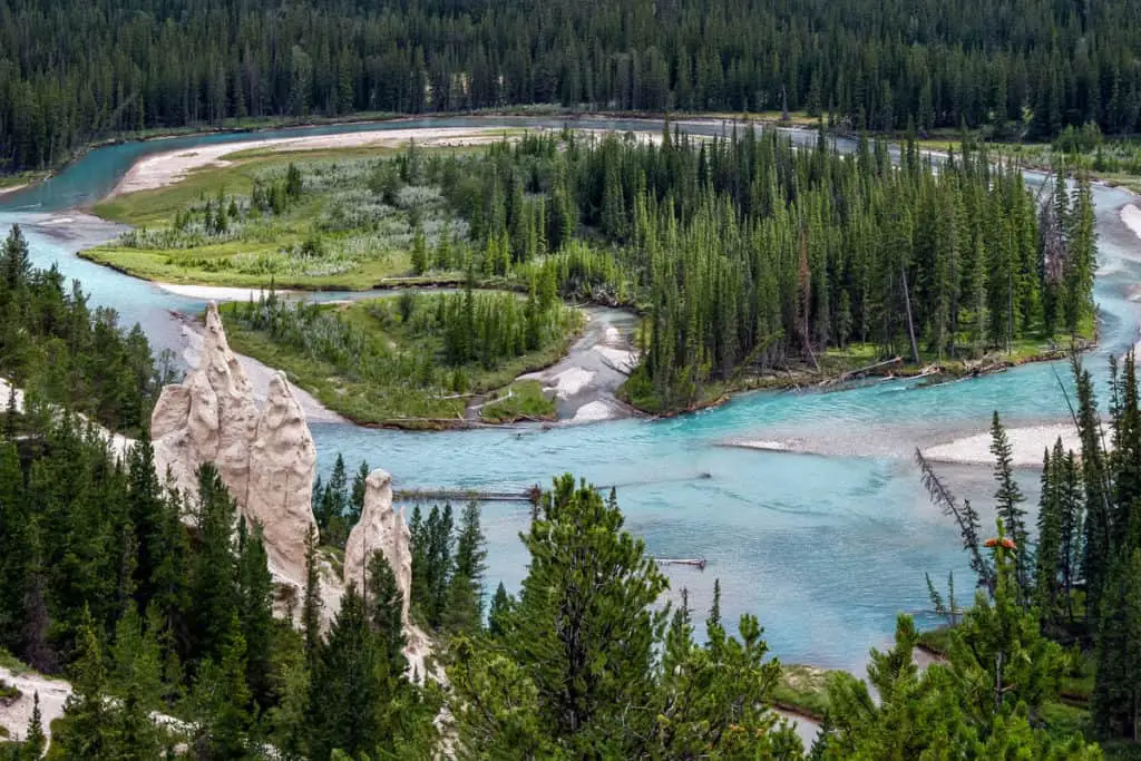 The Hoodoos on Tunnel Mountain near the town of Banff with the Bow River down below