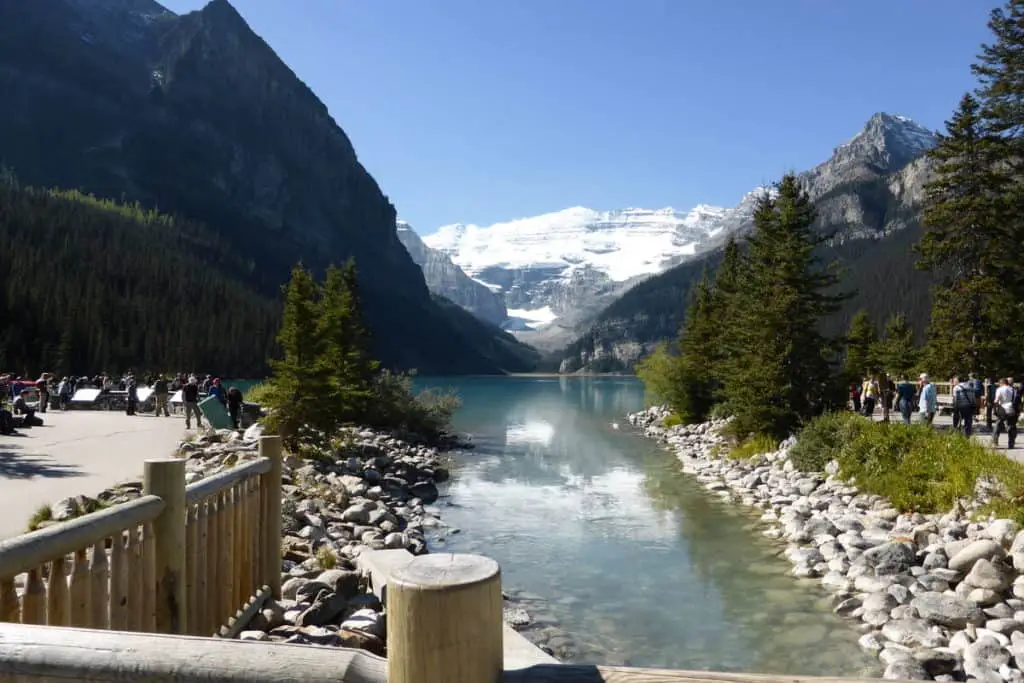 Busy Lake Louise on a summer day in Banff National Park