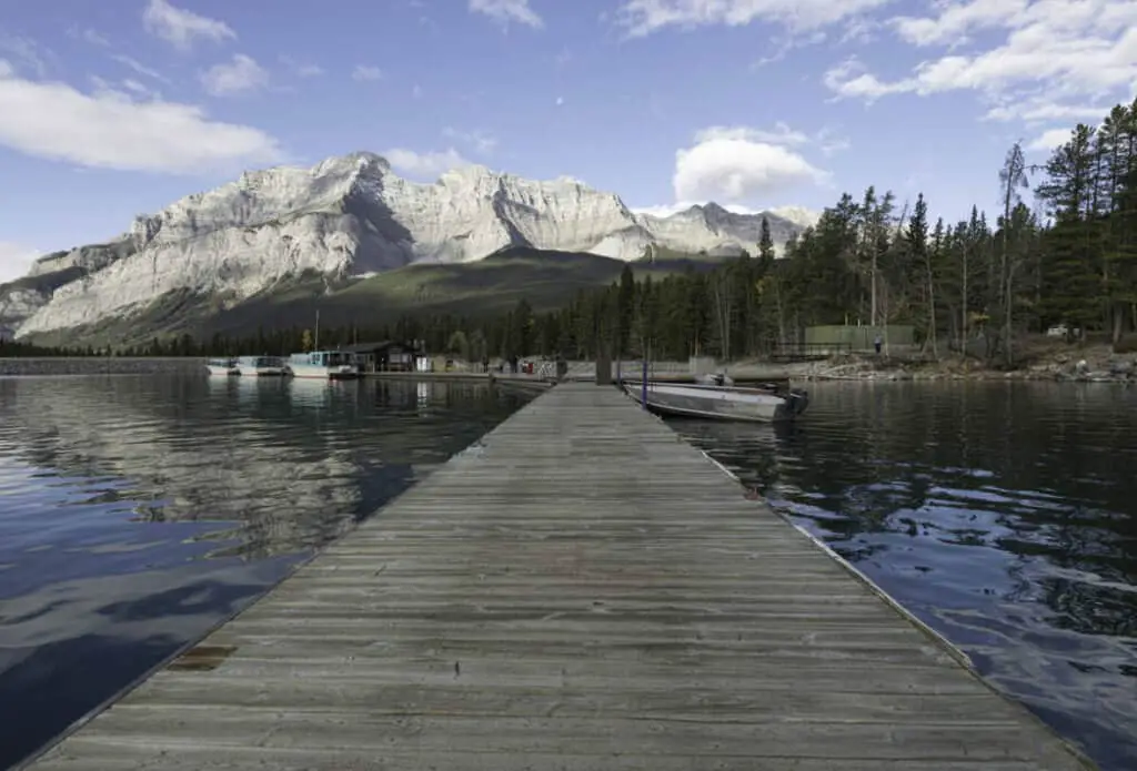 The pier at Lake Minnewanka near the town of Banff, Alberta