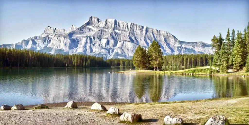 The serene surroundings of beautiful Two Jack Lake in Banff National Park