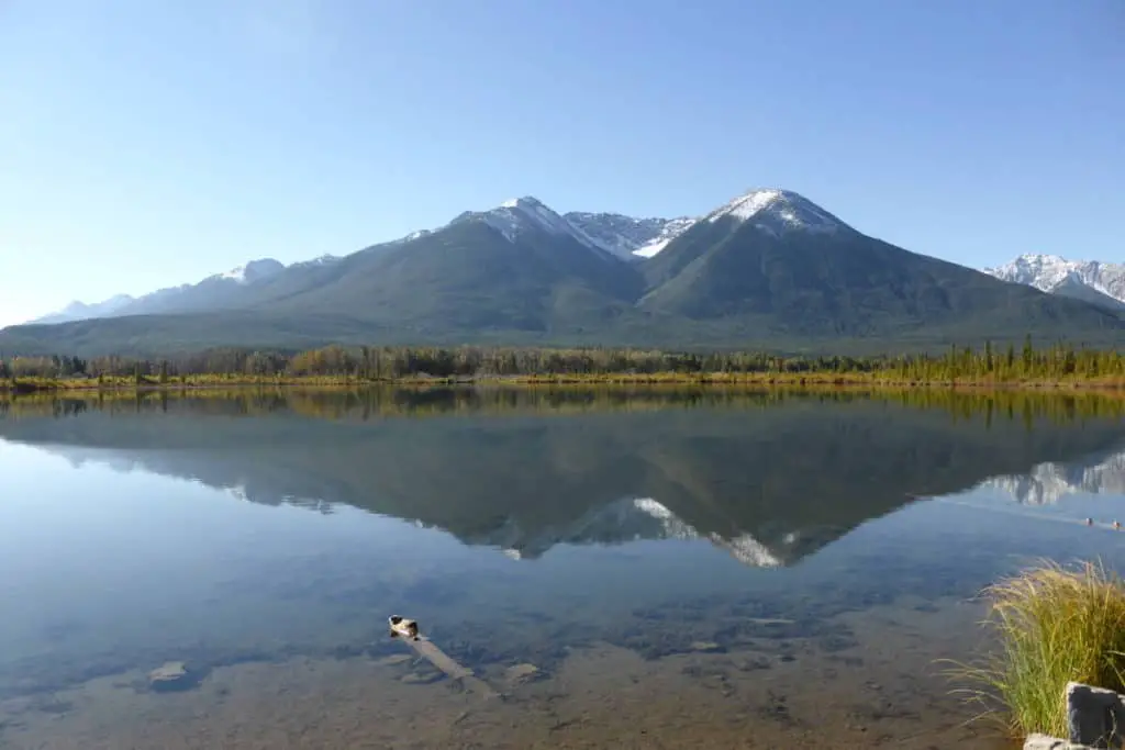 Vermilion Lakes near the town of Banff on a cloudless, hot summer day