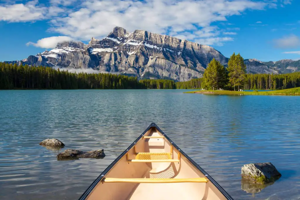 Two Jack Lake seen from a canoe on the water