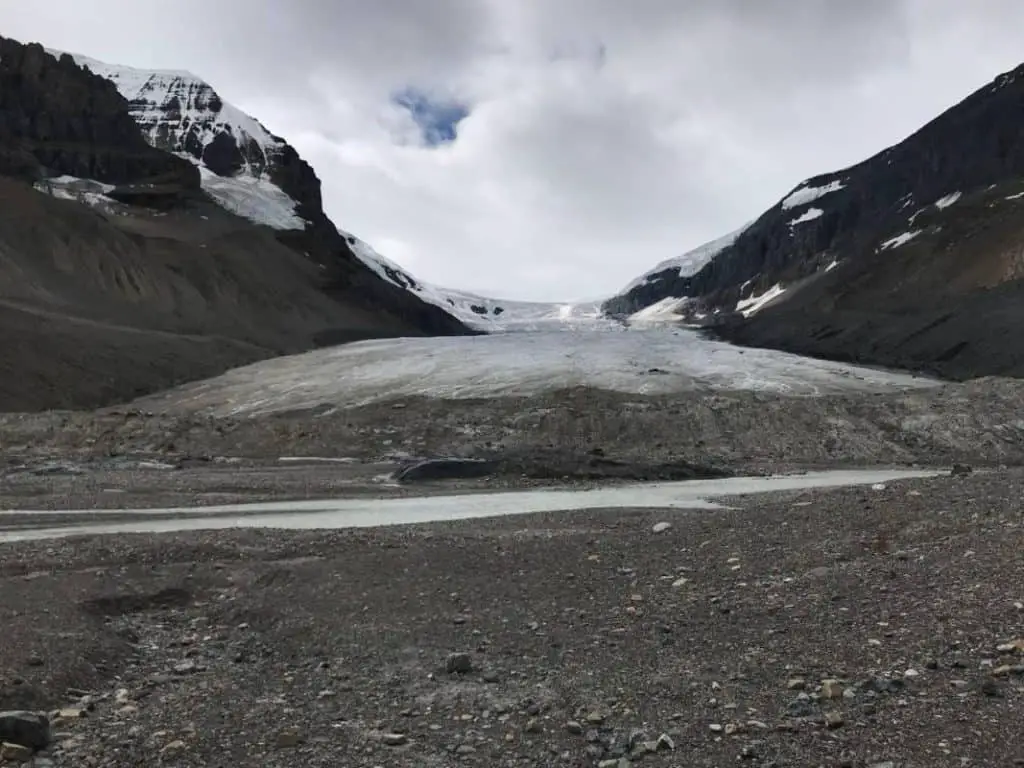 The base of the Athabasca Glacier at the Columbia Icefield in Jasper National Park