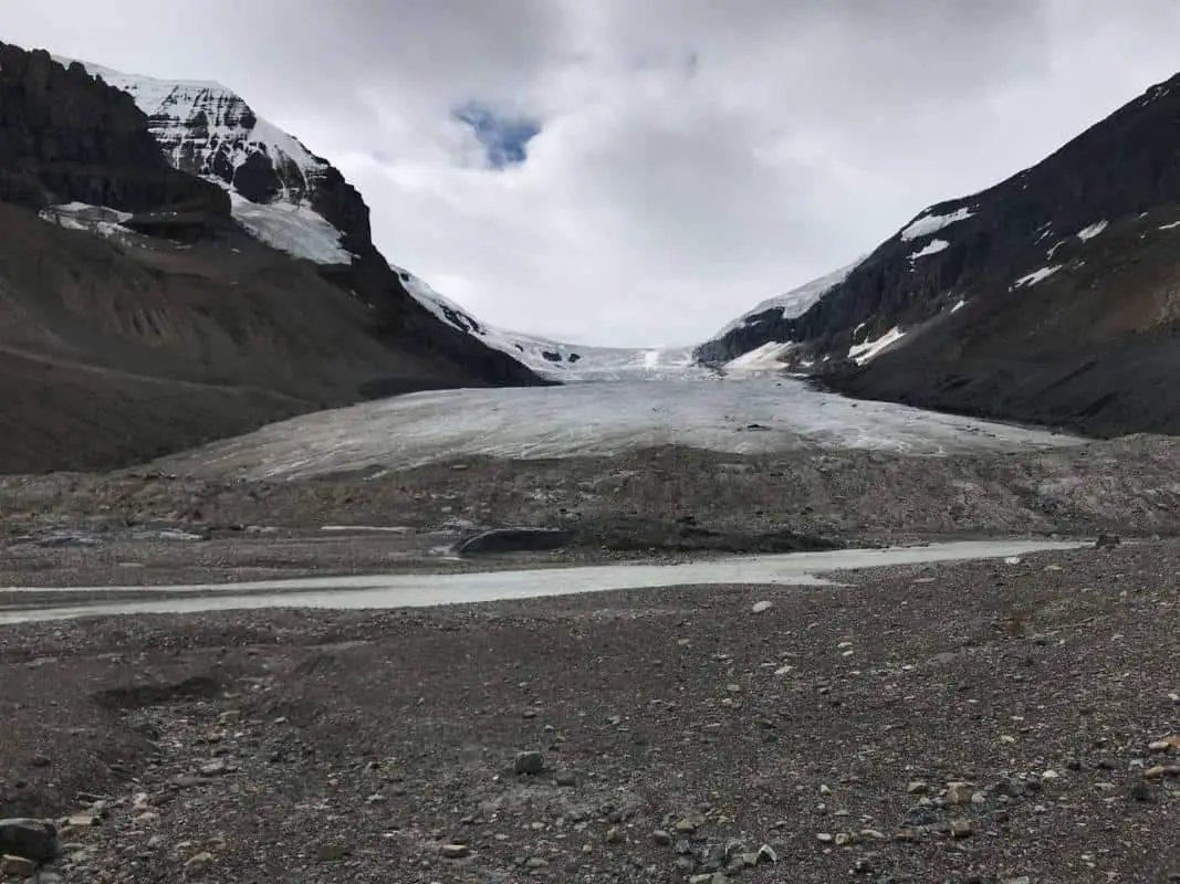 The Athabasca Glacier at the Columbia Icefield. in Jasper under a cloudy sky in the summer of 2019
