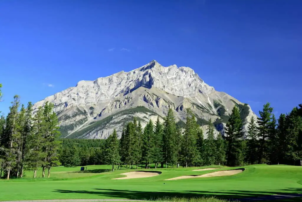 The scenic Banff Springs Golf Course in Banff with Cascade Mountain in the background