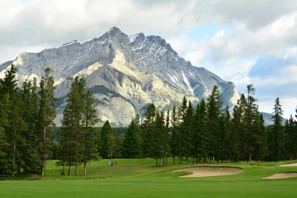 The Banff Springs Golf Course with Cascade Mountain in the background on a cloudy day in September