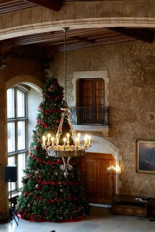 A decorated Christmas Tree in the vestibule of the Banff Springs Hotel reaches to the ceiling