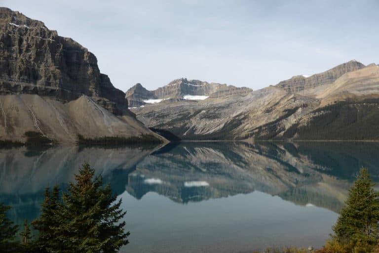 Serene Bow Lake under a clear sky in Banff National Park