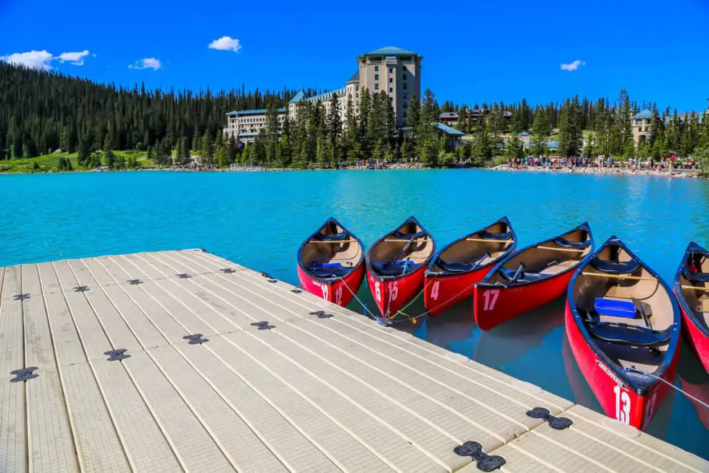Canoes at the dock at Lake Louise in Banff National Park in summer