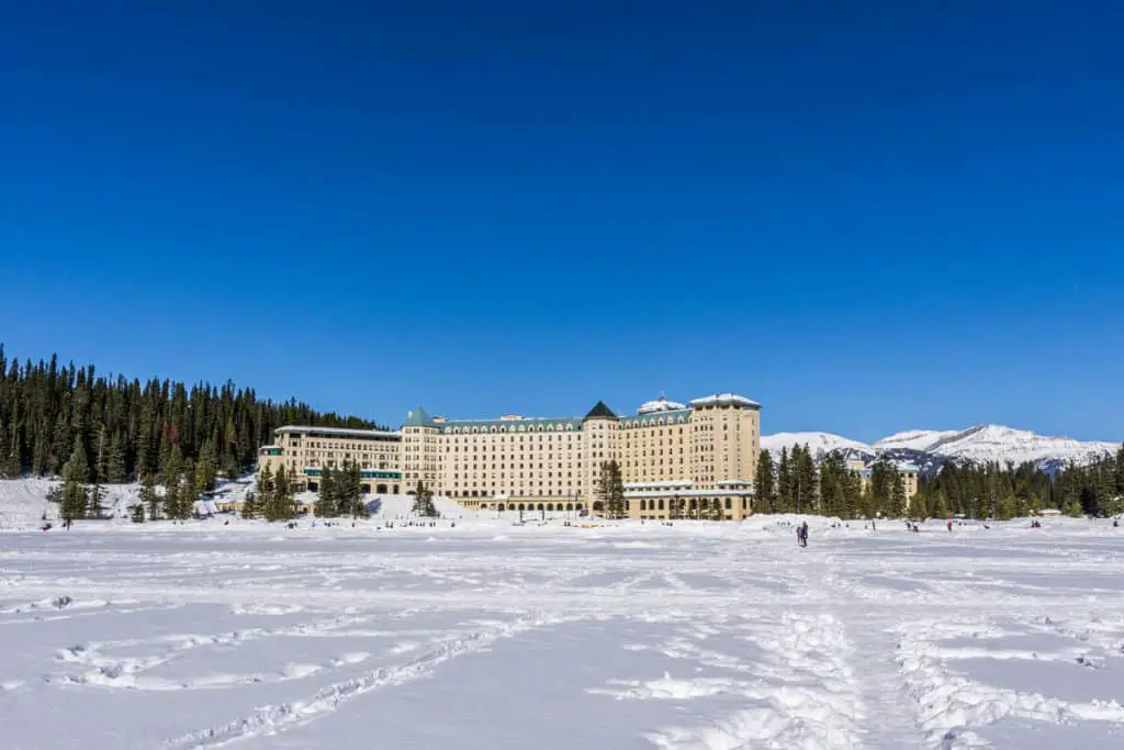 Château Lake Louise seen from a the frozen lake in Banff National Park