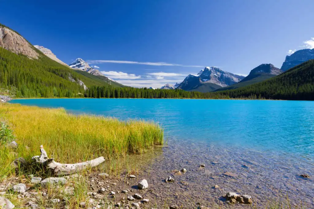 The sun shines over the shimmering turquoise water of Waterfowl Lakes, surrounded by the Rocky Mountains,  in Banff National Park 